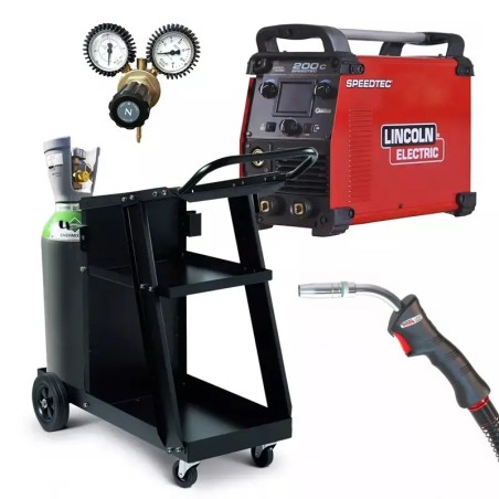 PACK: Máquina de soldar LINCOLN 200C + Tocha 3 m + Redutor de pressão + Gás + Carrinho