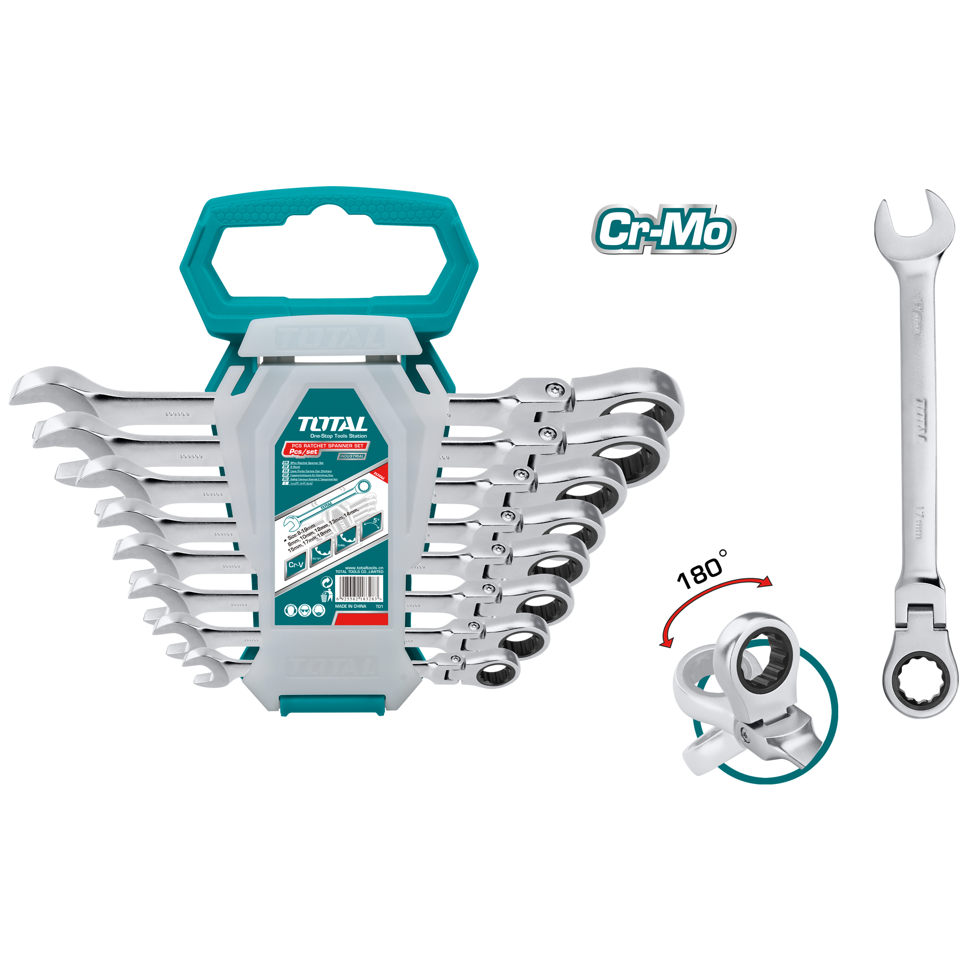 Set 8 chiavi combinate a cricchetto articolate THT102RK586 | Cromo-molibdeno (Cr-Mo)