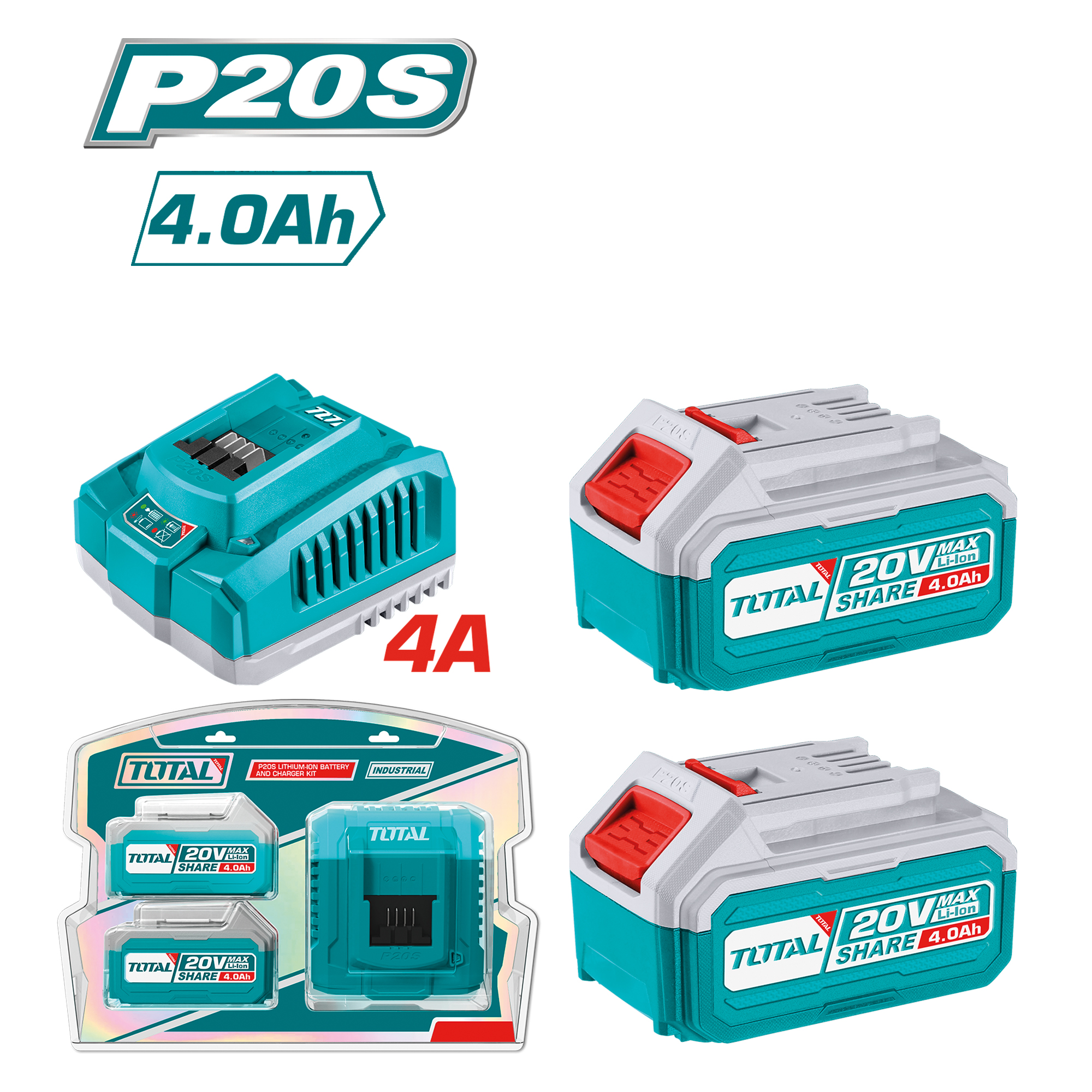Set van 2 accu's 4Ah + snellader TFBCPK1424E | 20 V - 4 Ah